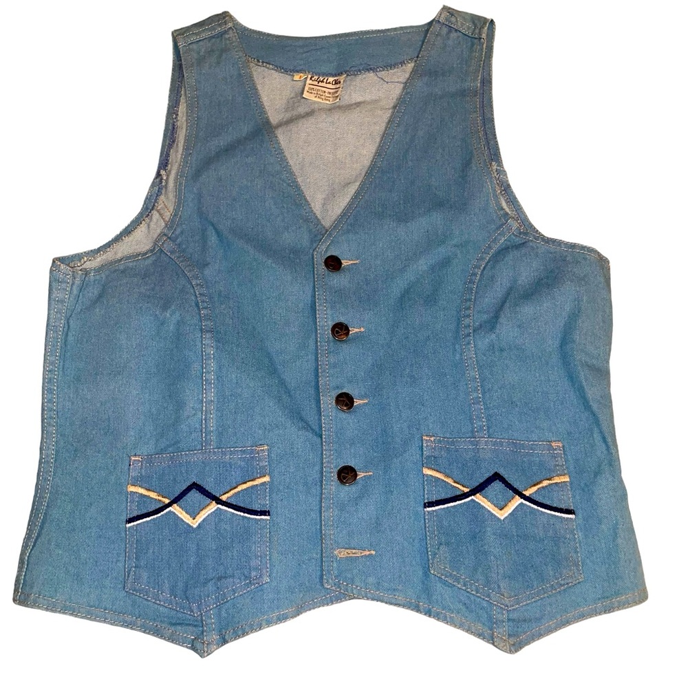 Vintage 1970s Ralph La Cher Rare Light Blue Denim V Neck Vest Jacket